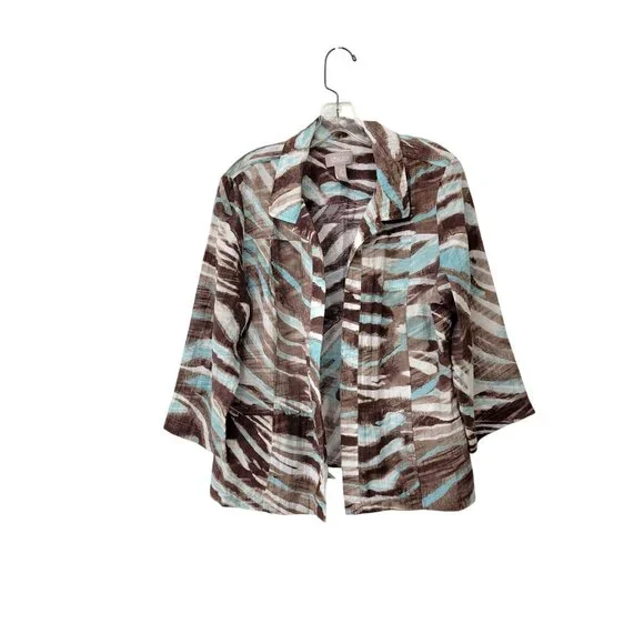 Chico's Women's Brown & Blue Abstract Animal Print Open Front Lightweight Jacket - Picture 1 of 4
